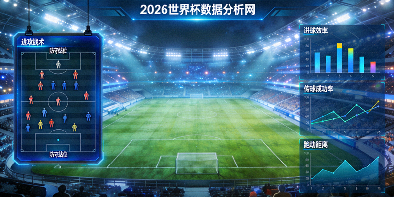 2026世界杯数据分析网全景图，包含球场、球队战术板和数据图表